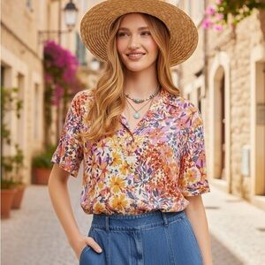 Hem & Thread Floral Short Sleeve Multicolor Camp Shirt. NWT. size Small.